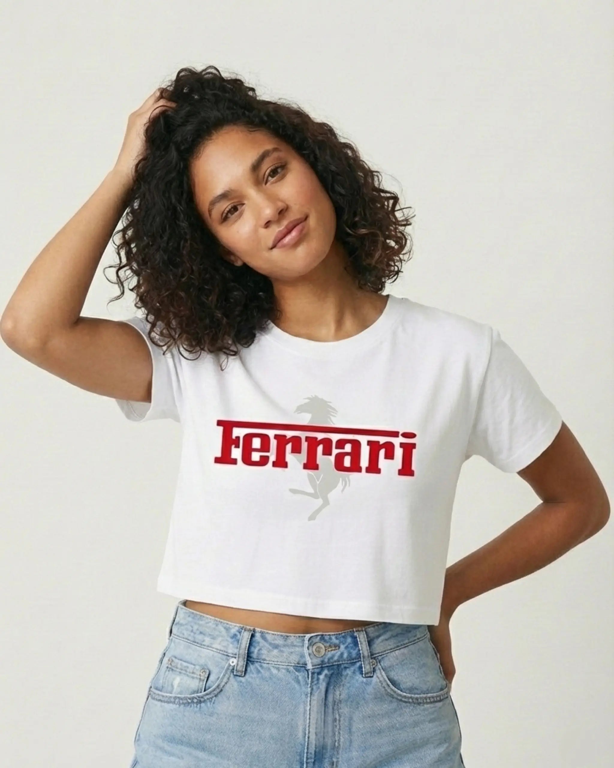 Thumbnail for Turn1 Team Series Collection T-shirts and Crop Tops, showing a model wearing Turn1 Ferrari Classic Wordmark Logo Crop Top