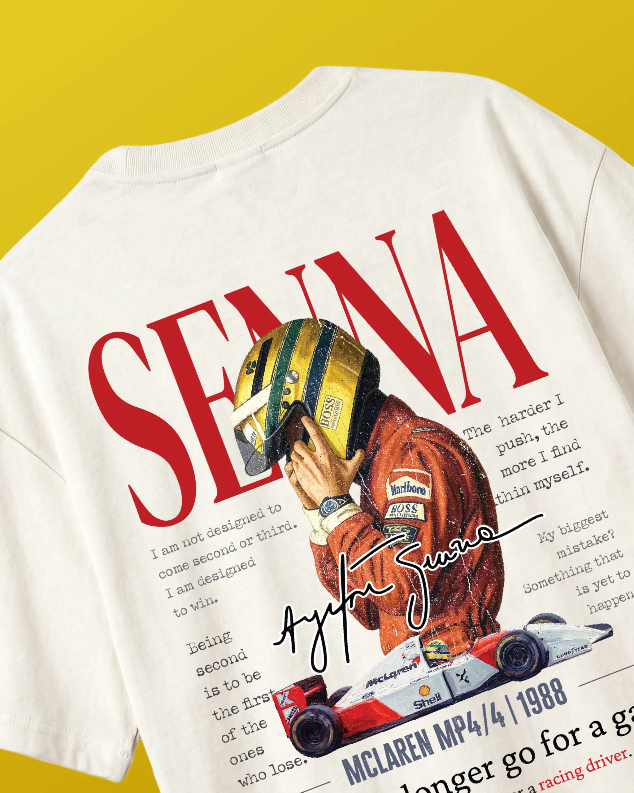 Ayrton Senna McLaren Legacy F1 Unisex Oversized T-shirt Off-White Front View | Turn1 India