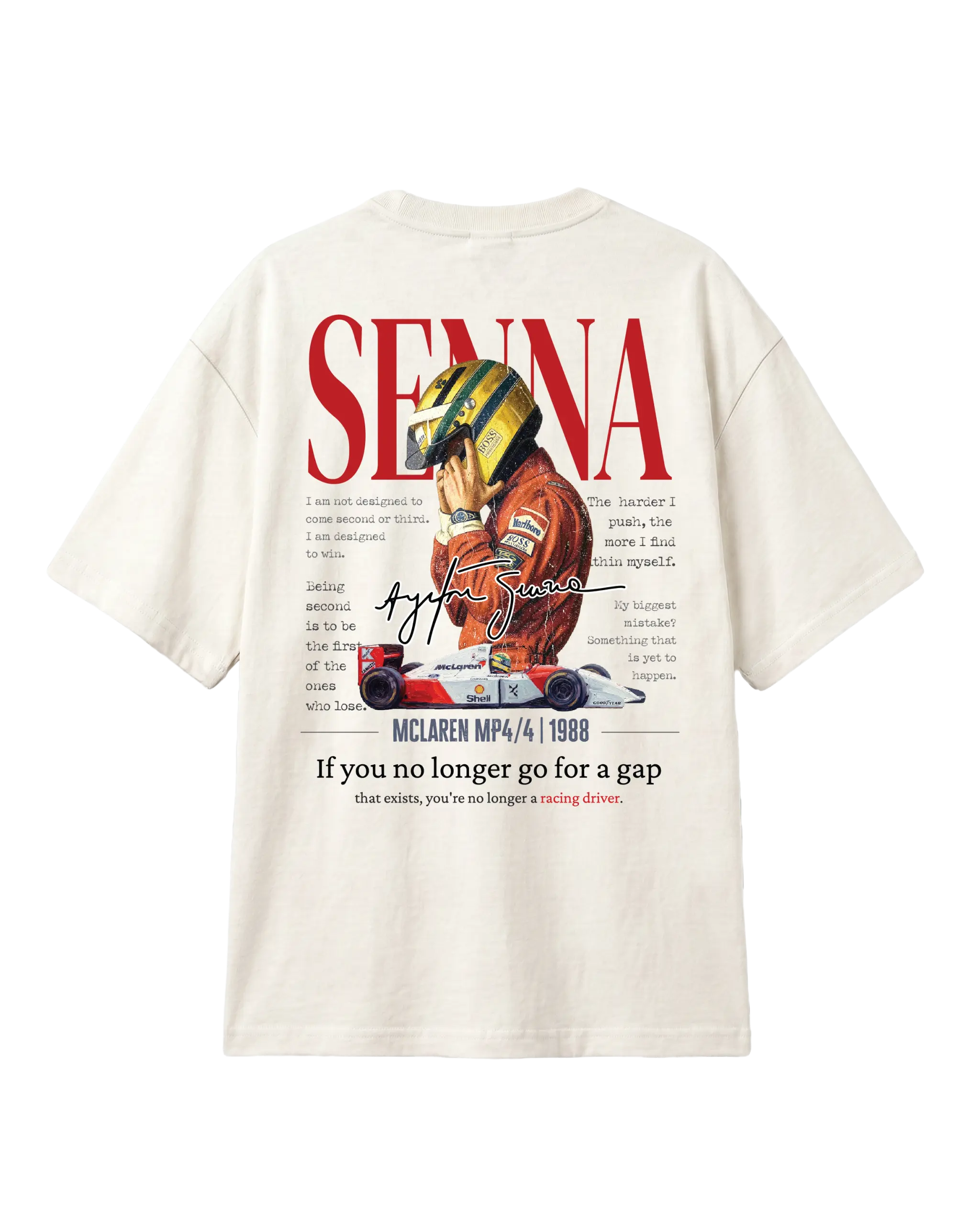 Ayrton Senna McLaren Legacy F1 Unisex Oversized T-shirt Off-White Back View | Turn1 India