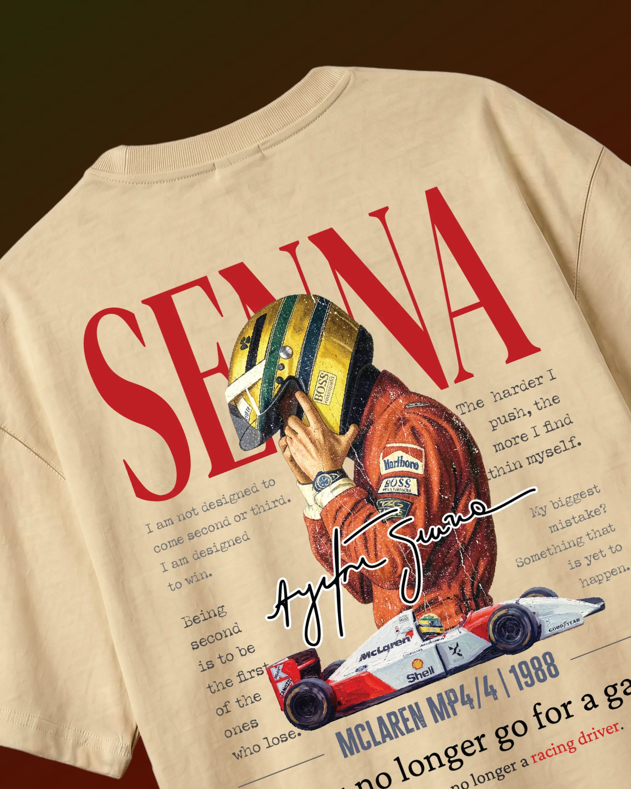 Ayrton Senna McLaren Legacy F1 Unisex Oversized T-shirt Beige Back View | Turn1 India