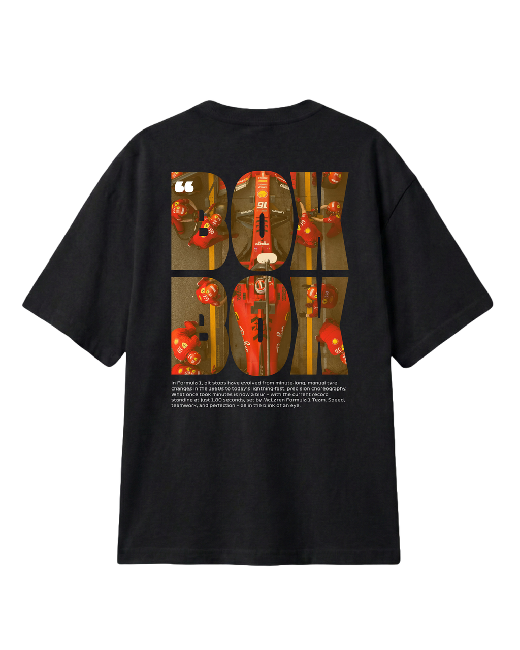 
F1 Turn1 India Black oversized unisex tshirt - fan graphic of F1 quote "Box Box" featuring Ferrari pitstop
Front print of 3 tyre compounds in Formula 1 cars - small, medium, hard