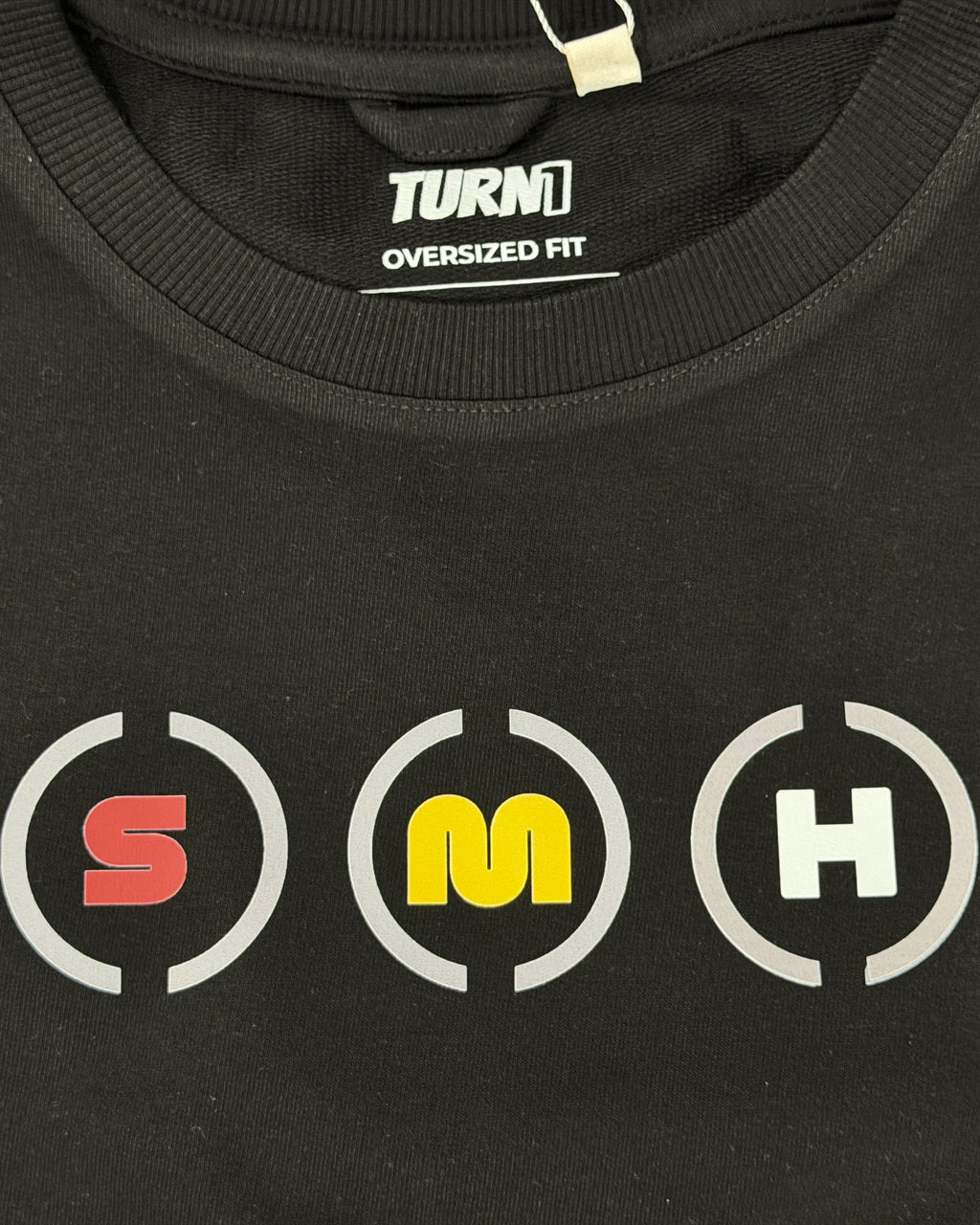 
Closeup of F1 Turn1 India black oversized unisex tshirt - fan graphic of F1 quote "Box Box" featuring Ferrari pitstop
Front print of 3 tyre compounds in Formula 1 cars - small, medium, hard