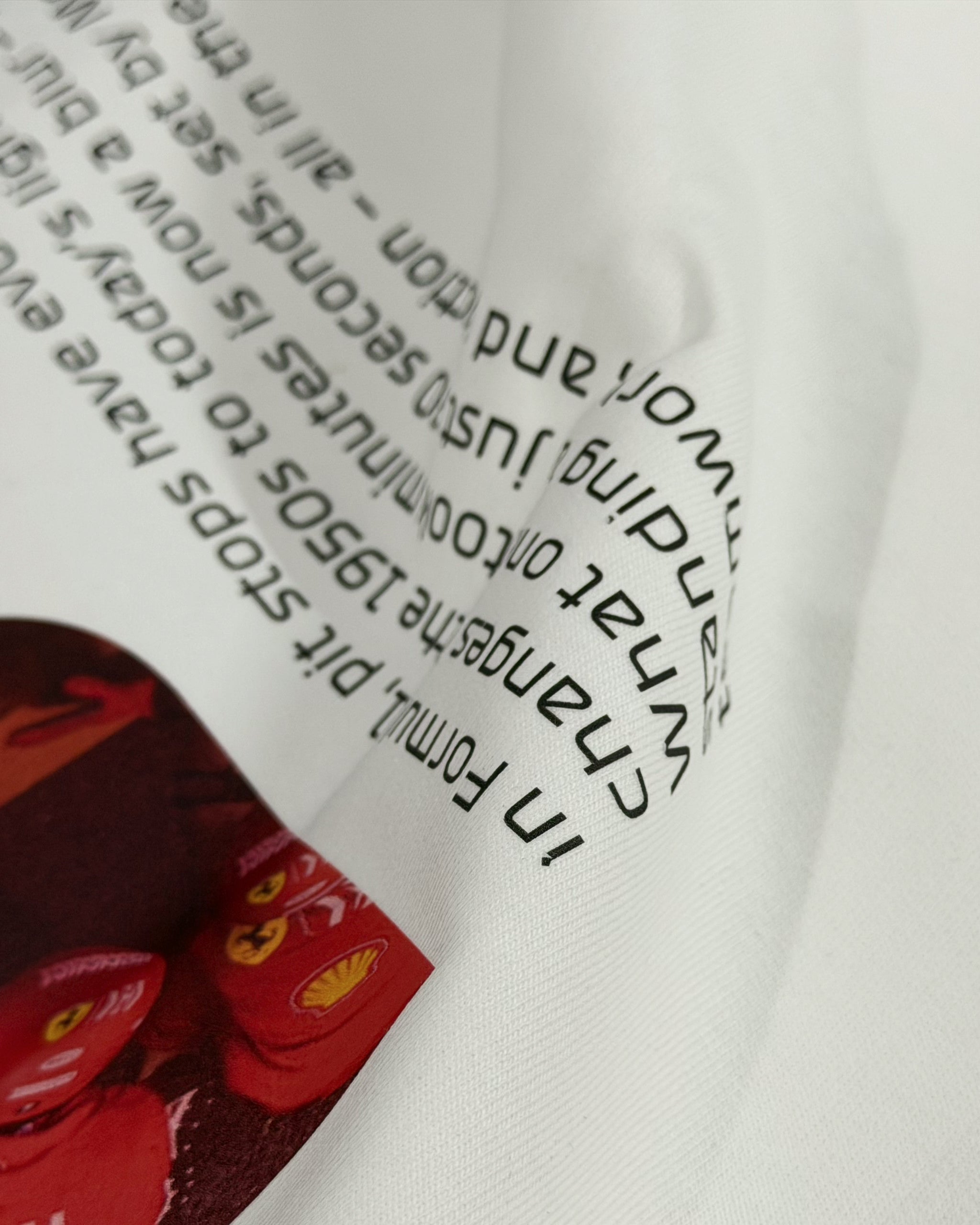 
Closeup of F1 Turn1 India off white oversized unisex tshirt - fan graphic of F1 quote "Box Box" featuring Ferrari pitstop
Front print of 3 tyre compounds in Formula 1 cars - small, medium, hard