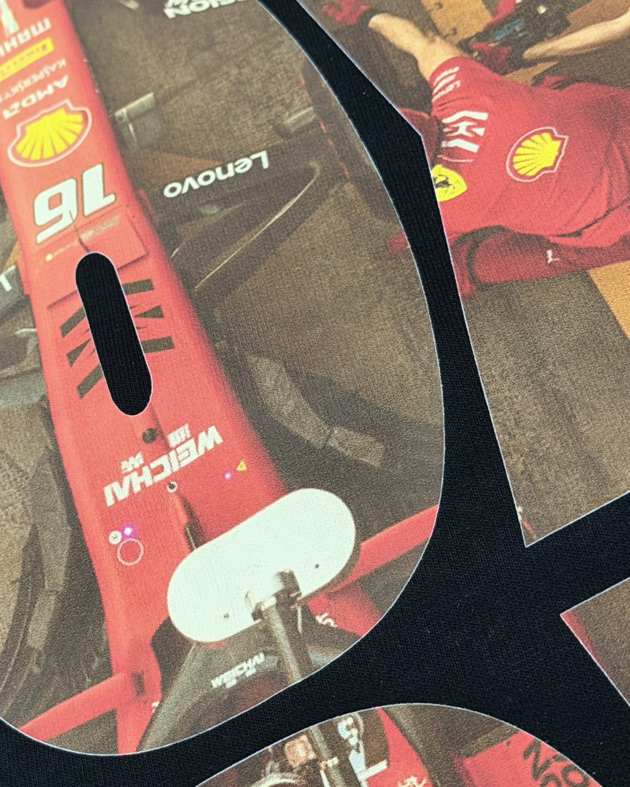 
Closeup of F1 Turn1 India black oversized unisex tshirt - fan graphic of F1 quote "Box Box" featuring Ferrari pitstop
Front print of 3 tyre compounds in Formula 1 cars - small, medium, hard