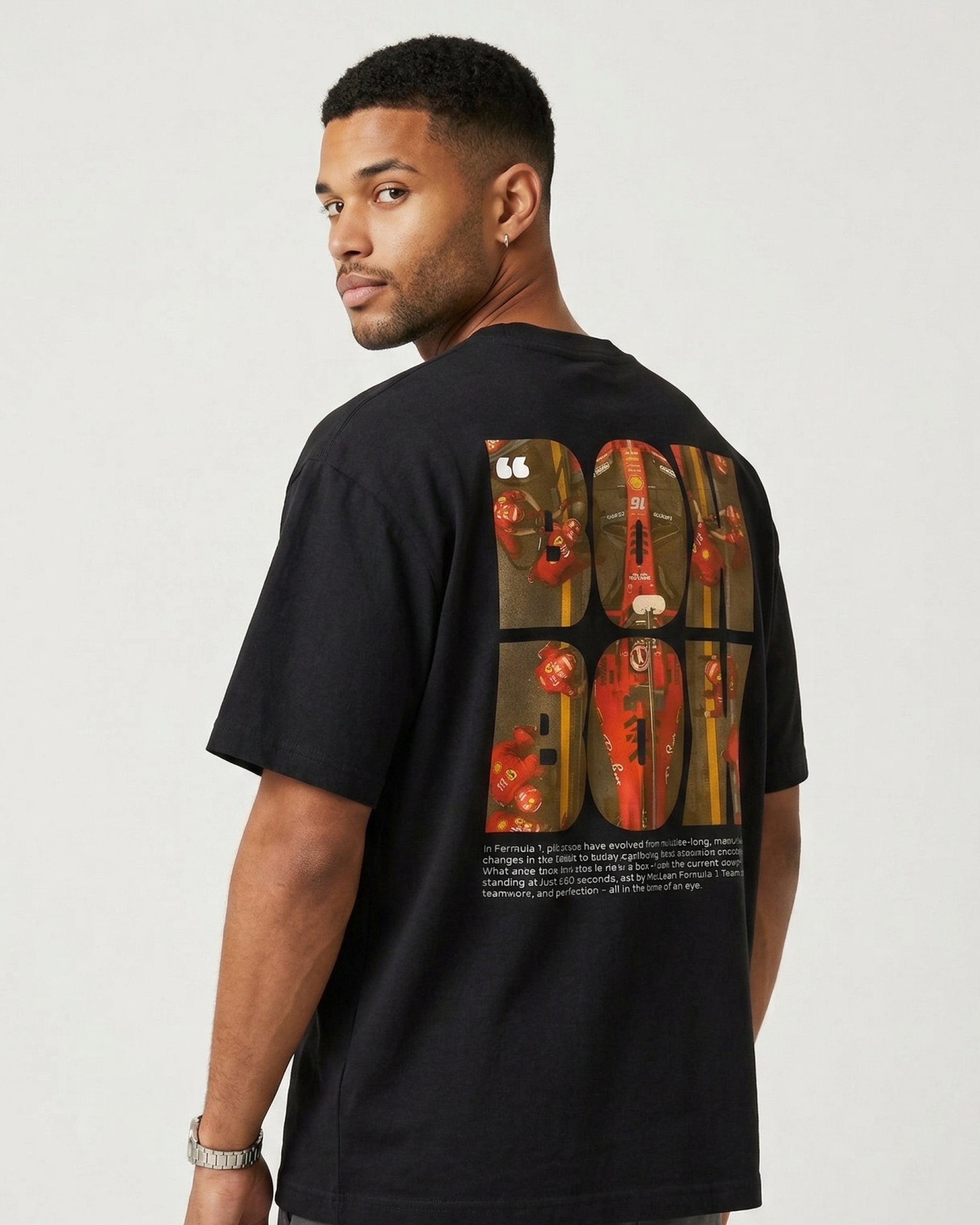 
male model wearing F1 Turn1 India black oversized unisex tshirt - fan graphic of F1 quote "Box Box" featuring Ferrari pitstop
Front print of 3 tyre compounds in Formula 1 cars - small, medium, hard