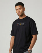 
male model wearing F1 Turn1 India black oversized unisex tshirt - fan graphic of F1 quote "Box Box" featuring Ferrari pitstop
Front print of 3 tyre compounds in Formula 1 cars - small, medium, hard