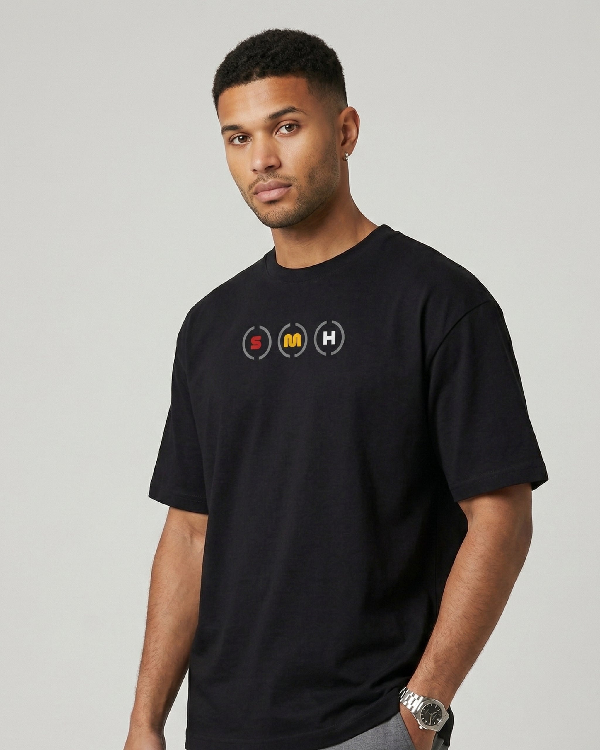 
male model wearing F1 Turn1 India black oversized unisex tshirt - fan graphic of F1 quote "Box Box" featuring Ferrari pitstop
Front print of 3 tyre compounds in Formula 1 cars - small, medium, hard