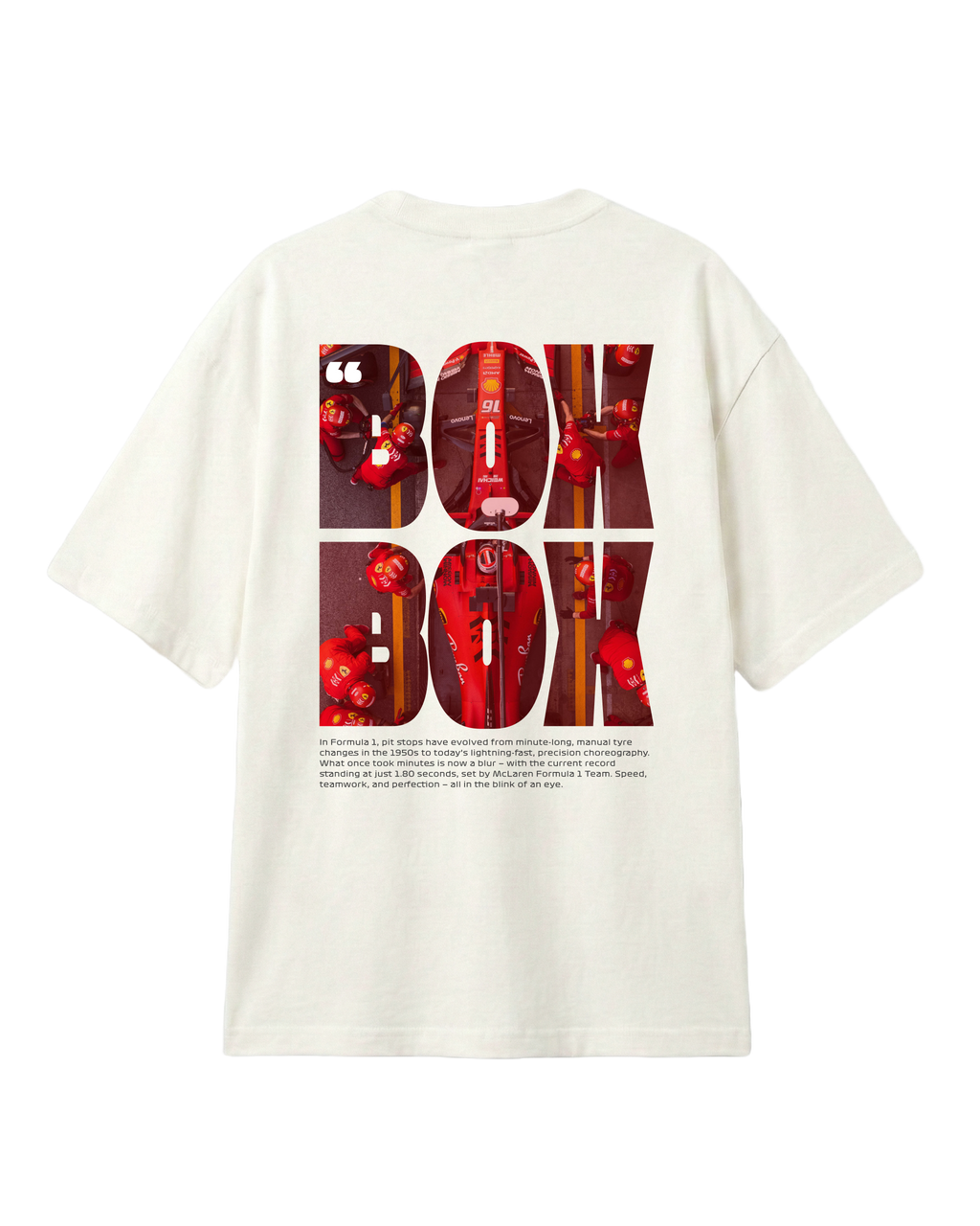 
F1 Turn1 India Off White oversized unisex tshirt - fan graphic of F1 quote "Box Box" featuring Ferrari pitstop