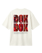 
F1 Turn1 India Off White oversized unisex tshirt - fan graphic of F1 quote "Box Box" featuring Ferrari pitstop
