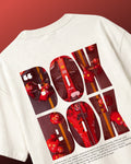 F1 Turn1 India Off White oversized unisex tshirt - fan graphic of F1 quote "Box Box" featuring Ferrari pitstop