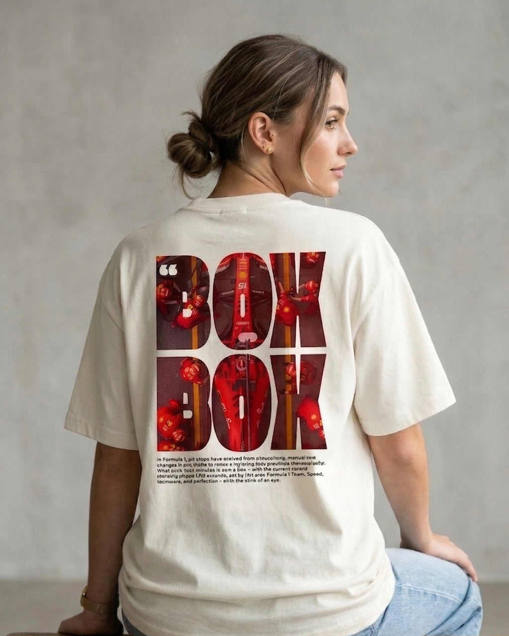 
Female model wearing F1 Turn1 India Off White oversized unisex tshirt - fan graphic of F1 quote "Box Box" featuring Ferrari pitstop
Front print of 3 tyre compounds in Formula 1 cars - small, medium, hard