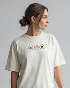 
Female model wearing F1 Turn1 India Off White oversized unisex tshirt - fan graphic of F1 quote "Box Box" featuring Ferrari pitstop
Front print of 3 tyre compounds in Formula 1 cars - small, medium, hard