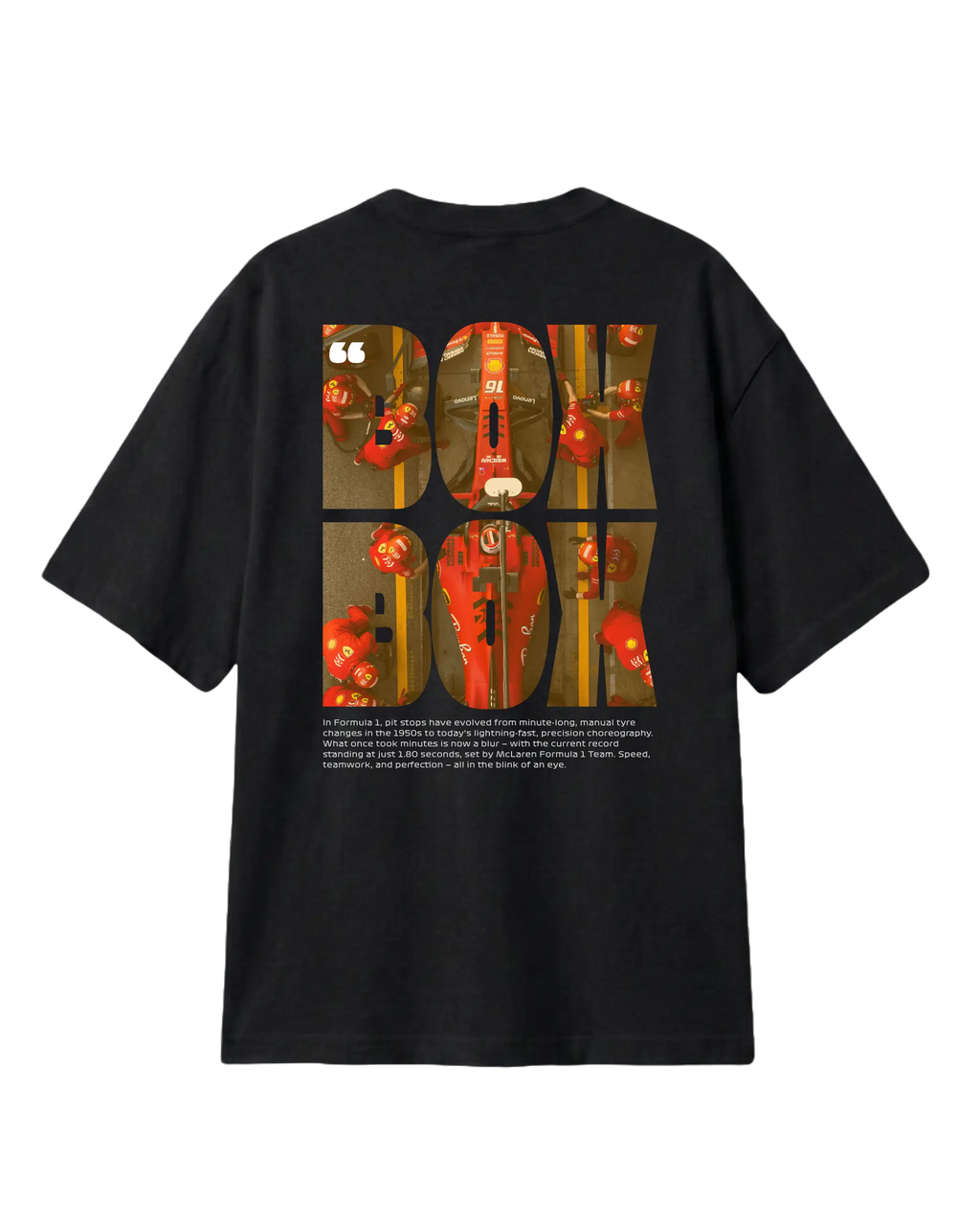 Box Box Pit Stop Formula 1 F1 Oversized Unisex T-shirt Black Back View Showing Bold Box Box Text with Ferrari Pitstop with Charles Leclerc | Turn1 India