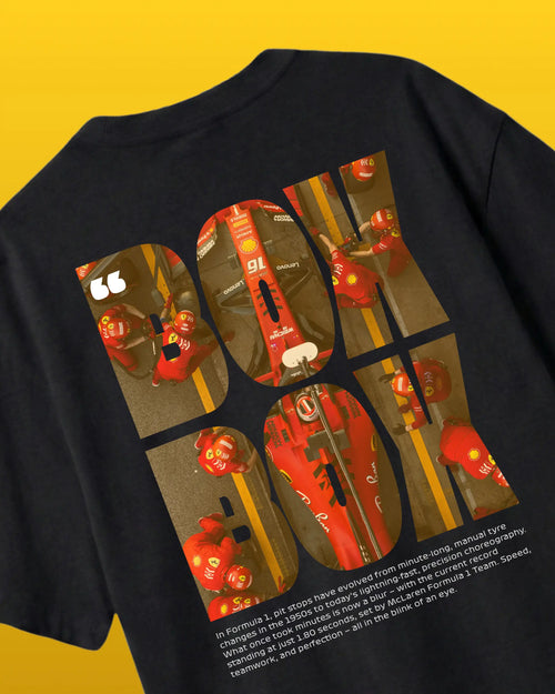 Box Box Pit Stop Formula 1 F1 Oversized Unisex T-shirt Black Back View Showing Bold Box Box Text with Ferrari Pitstop with Charles Leclerc | Turn1 India