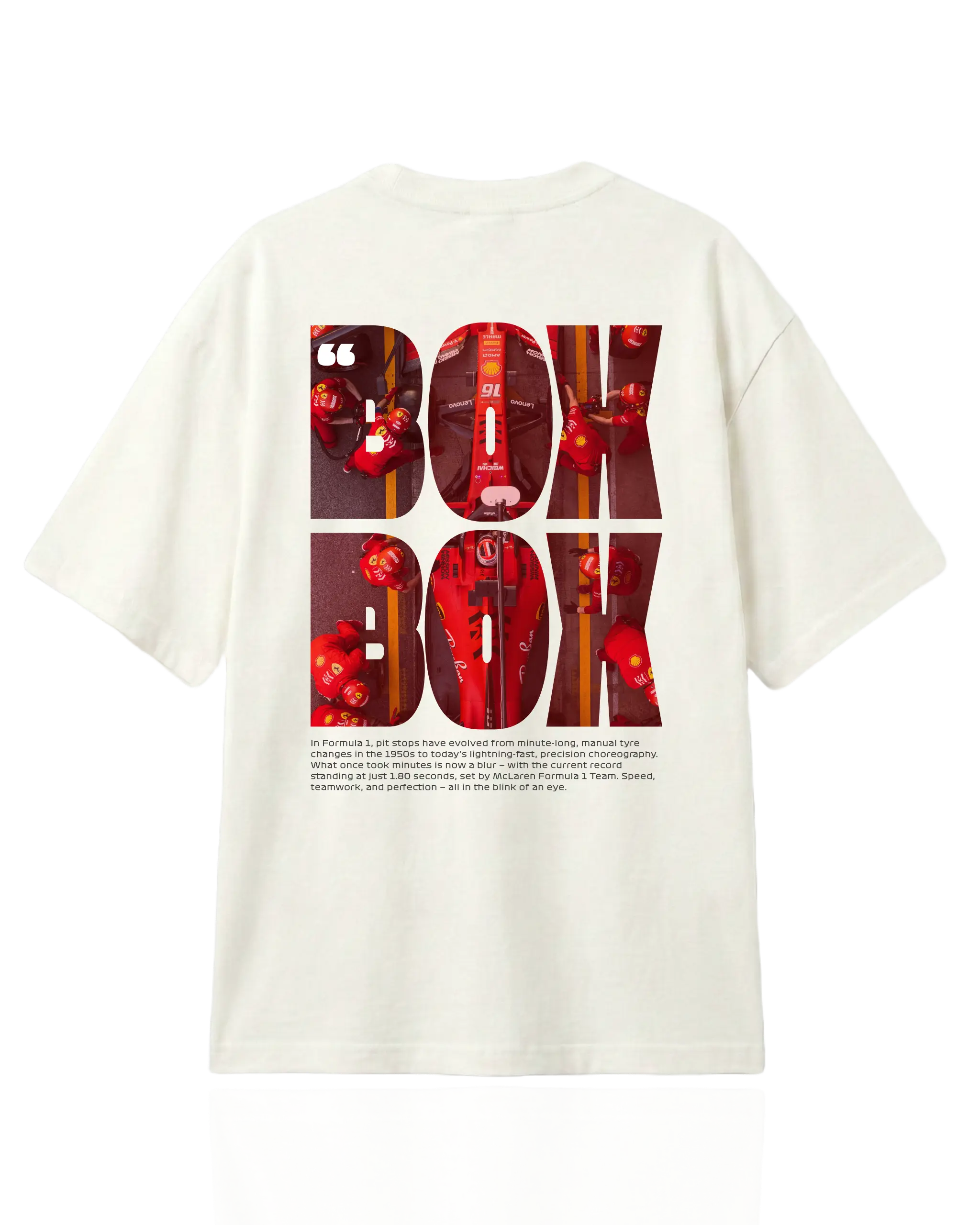 Box Box Pit Stop Formula 1 F1 Oversized Unisex T-shirt Off-White Back View Showing Bold Box Box Text with Ferrari Pitstop with Charles Leclerc | Turn1 India