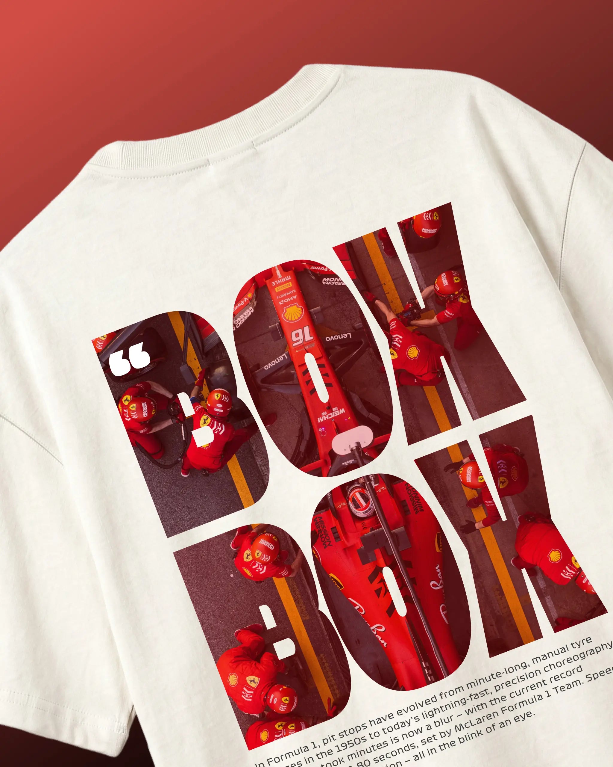 Box Box Pit Stop Formula 1 F1 Oversized Unisex T-shirt Off-White Back View Showing Bold Box Box Text with Ferrari Pitstop with Charles Leclerc | Turn1 India
