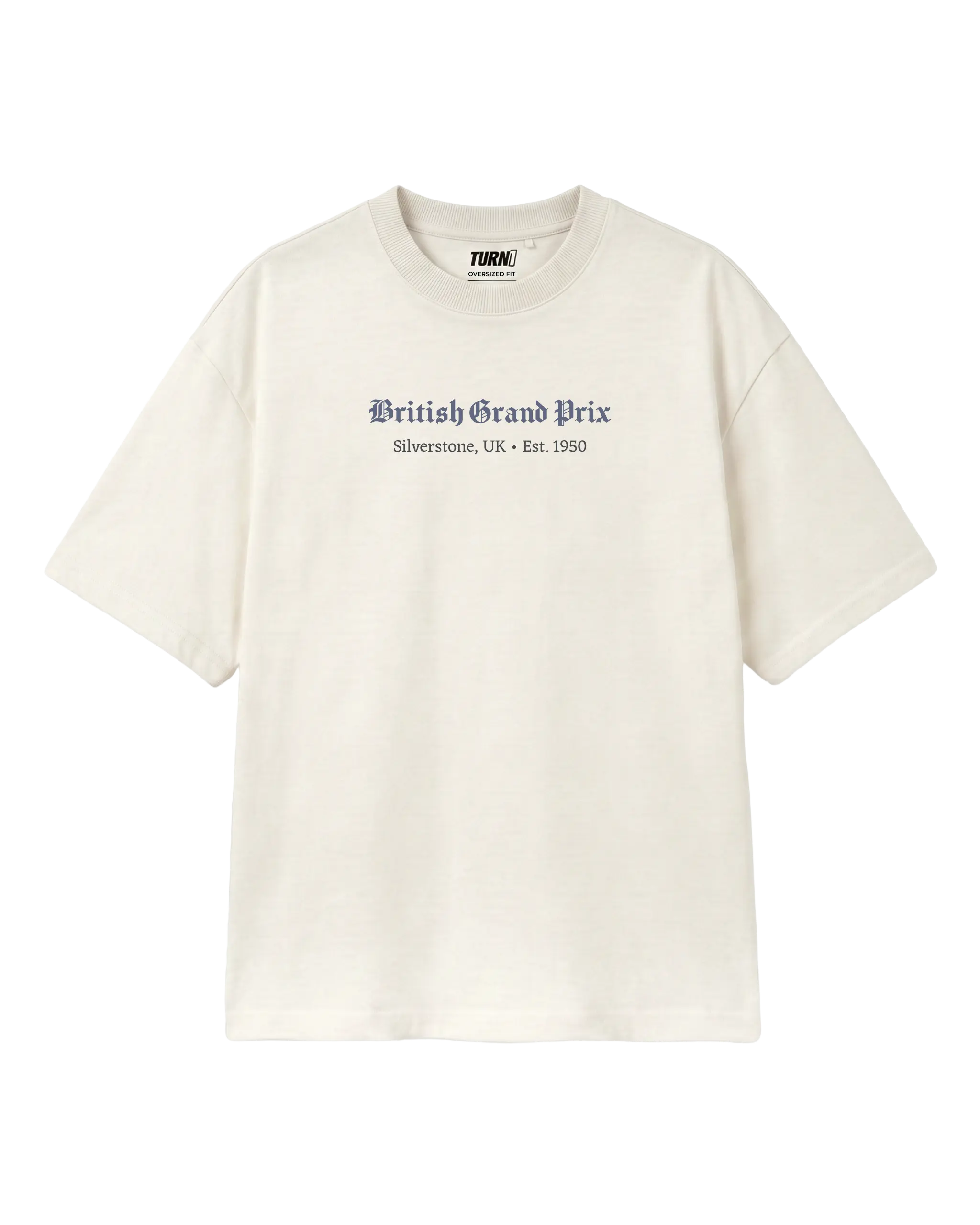 British Grand Prix Silverstone F1 Unisex Oversized T-shirt Off-White Front View | Turn1 India