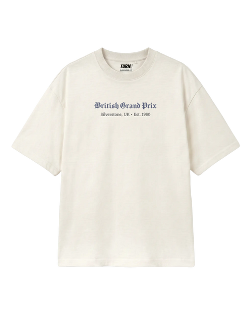 British Grand Prix Silverstone F1 Unisex Oversized T-shirt Off-White Front View | Turn1 India