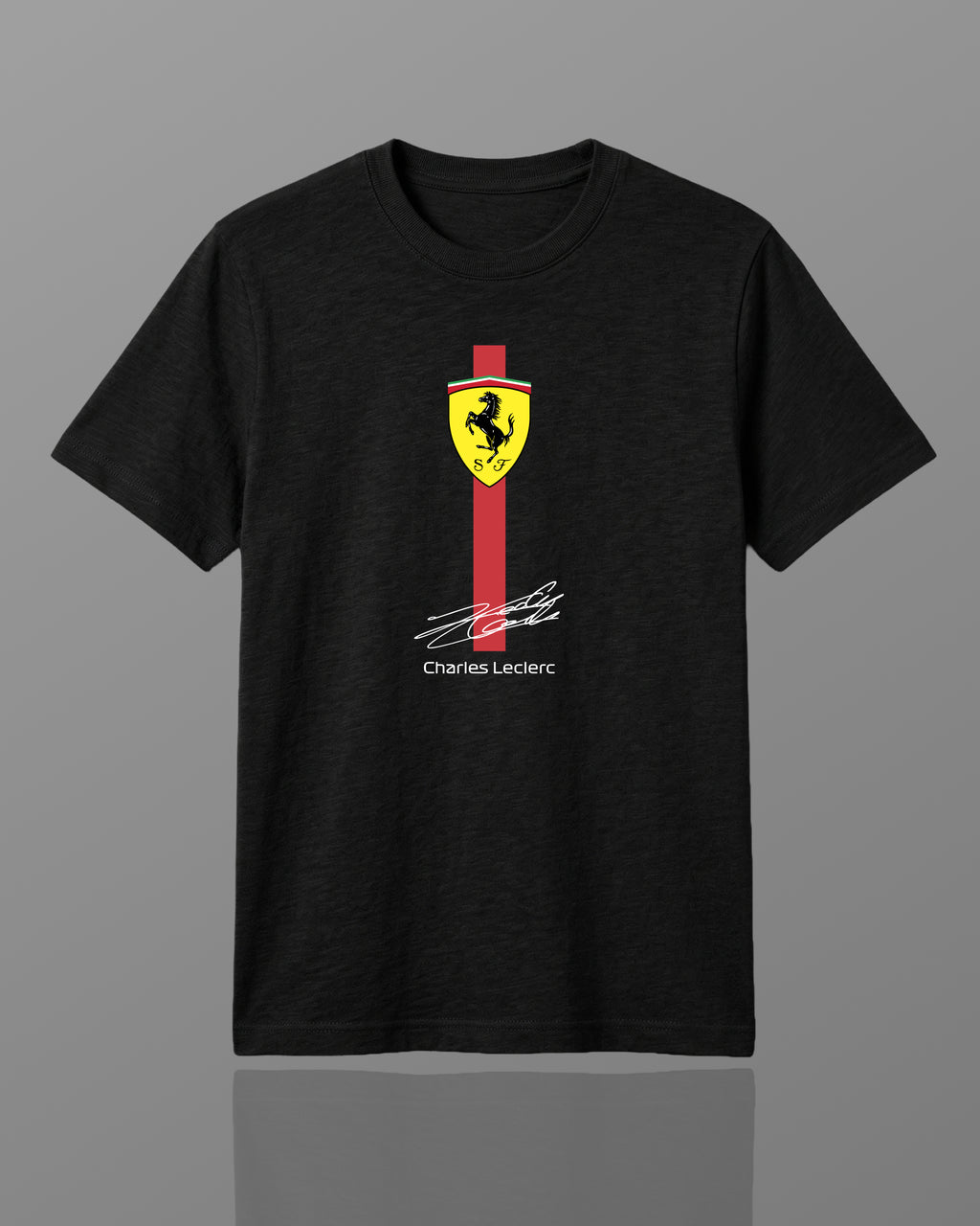F1 Black Unisex regular fit T-shirt by Turn 1 Brand, an F1 Apparel brand of India. Charles Leclerc fan tshirt with Front print features Ferrari logo and Charles Leclerc signature.