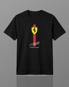 F1 Black Unisex regular fit T-shirt by Turn 1 Brand, an F1 Apparel brand of India. Charles Leclerc fan tshirt with Front print features Ferrari logo and Charles Leclerc signature.