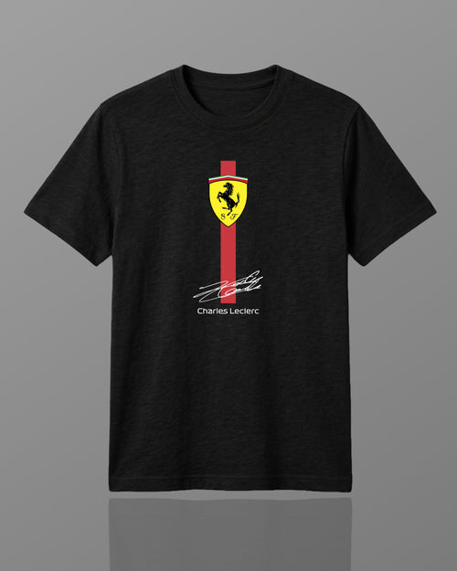 F1 Black Unisex regular fit T-shirt by Turn 1 Brand, an F1 Apparel brand of India. Charles Leclerc fan tshirt with Front print features Ferrari logo and Charles Leclerc signature.