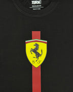 Closeup of F1 Black Unisex regular fit T-shirt by Turn 1 Brand, an F1 Apparel brand of India. Charles Leclerc fan tshirt with Front print features Ferrari logo and Charles Leclerc signature.