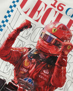 Closeup of F1 Turn1 India Off White Oversized Unisex Tshirt featuring fan graphic Charles Leclerc, current driver for Scuderia Ferrari F1 team. Tshirt features Charles Leclerc graphic, his number "16" and his Ferrari car.
Front print text "Plan C" in black.