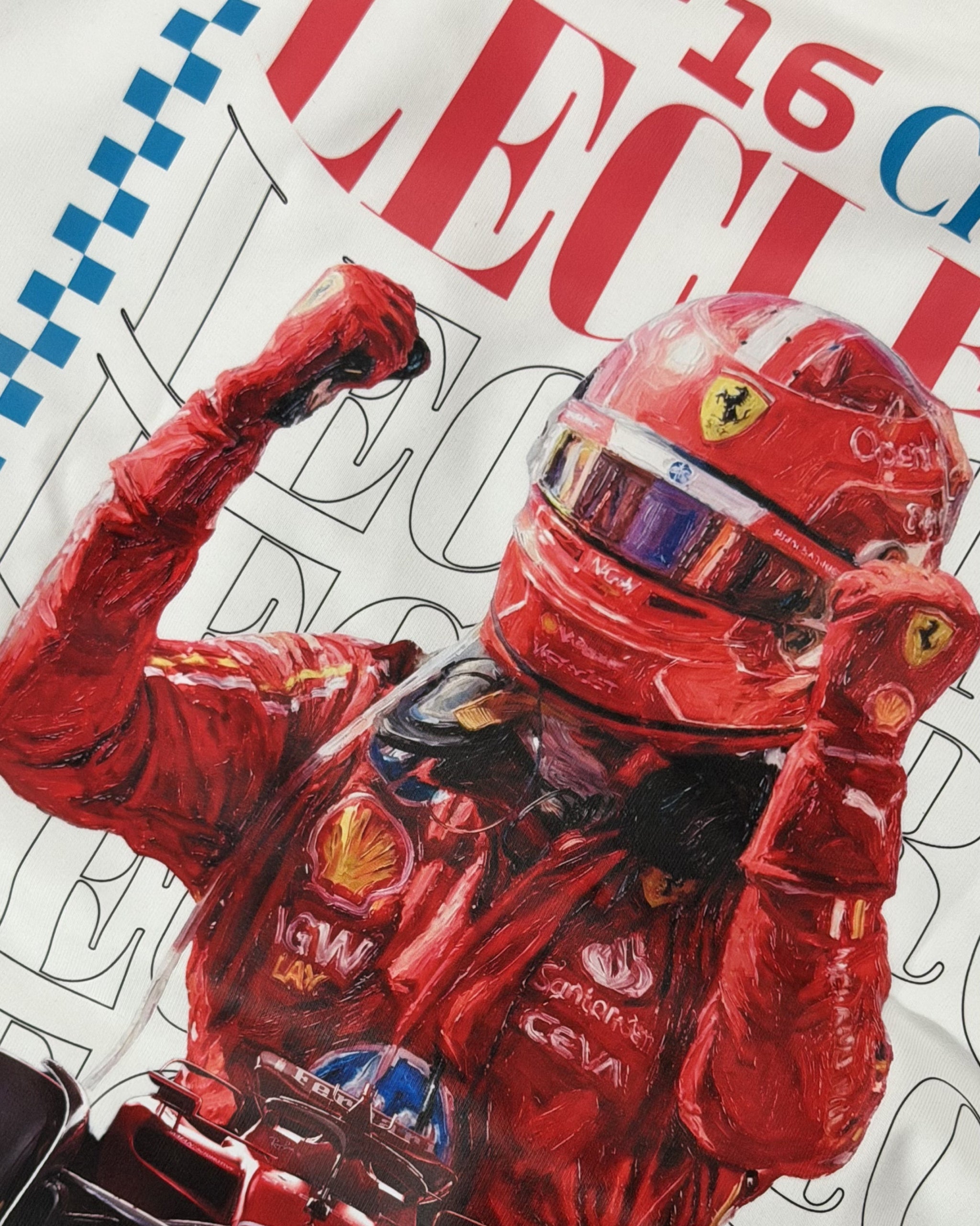 Closeup of F1 Turn1 India Off White Oversized Unisex Tshirt featuring fan graphic Charles Leclerc, current driver for Scuderia Ferrari F1 team. Tshirt features Charles Leclerc graphic, his number "16" and his Ferrari car.
Front print text "Plan C" in black.