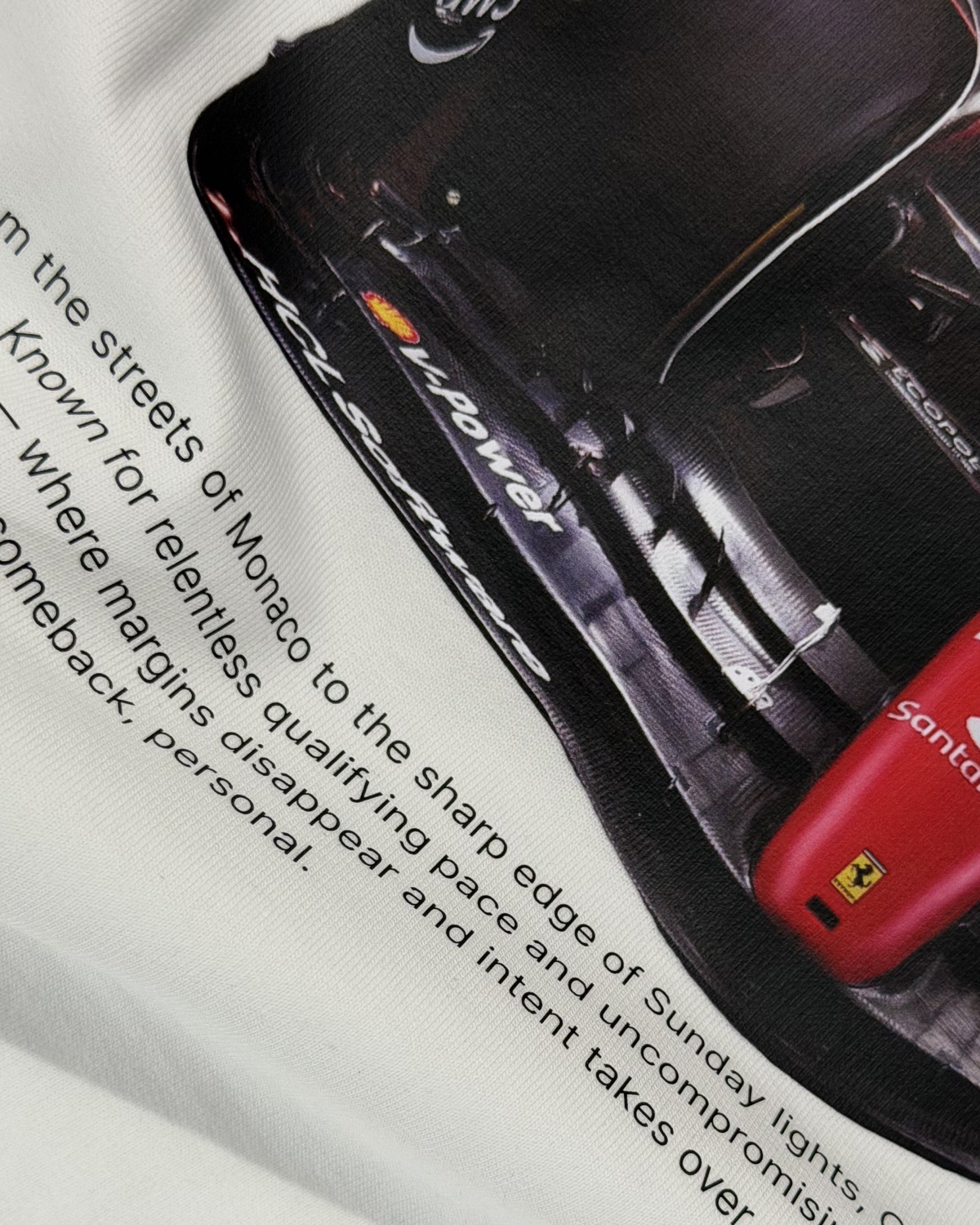 Closeup of F1 Turn1 India Off White Oversized Unisex Tshirt featuring fan graphic Charles Leclerc, current driver for Scuderia Ferrari F1 team. Tshirt features Charles Leclerc graphic, his number "16" and his Ferrari car.
Front print text "Plan C" in black.