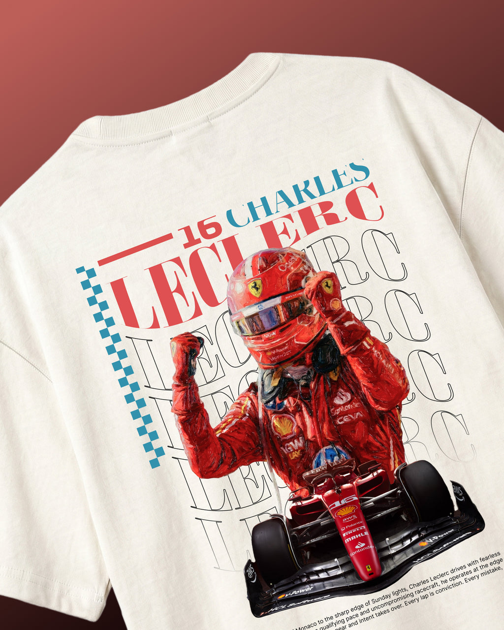 F1 Turn1 India Off White Oversized Unisex Tshirt featuring fan graphic Charles Leclerc, current driver for Scuderia Ferrari F1 team. Tshirt features Charles Leclerc graphic, his number "16" and his Ferrari car.
Front print text "Plan C" in black.