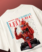 F1 Turn1 India Off White Oversized Unisex Tshirt featuring fan graphic Charles Leclerc, current driver for Scuderia Ferrari F1 team. Tshirt features Charles Leclerc graphic, his number "16" and his Ferrari car.
Front print text "Plan C" in black.