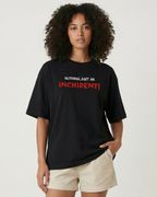 Female model wearing F1 Off White Unisex Oversized fit Tshirt by Turn 1 Brand, an F1 Apparel brand of India. Charles Leclerc fan tshirt with his quote "Nothing, Just an Inchident!" on front.
