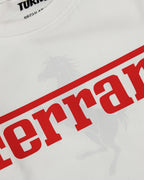 Closeup of Fabric and Print | Ferrari Red Wordmark Logo Classic Women Crop Top Colour White | Turn1 India