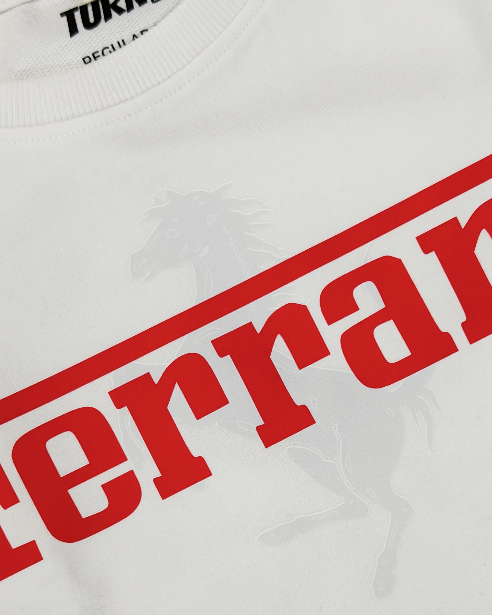 Closeup of Fabric and Print | Ferrari Red Wordmark Logo Classic Women Crop Top Colour White | Turn1 India