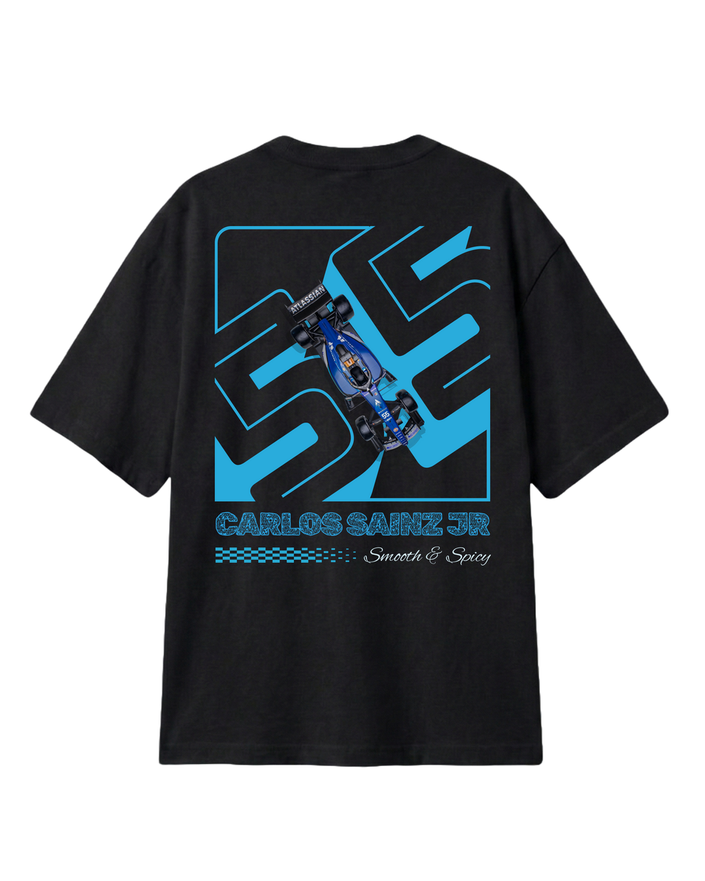F1 Turn1 India Black oversized unisex tshirt - fan graphic of Carlos Sainz Smooth Operator, Williams F1 raacing team driver and featuring his Car Number 55.
Front print featuring quote - Vamos Sainz