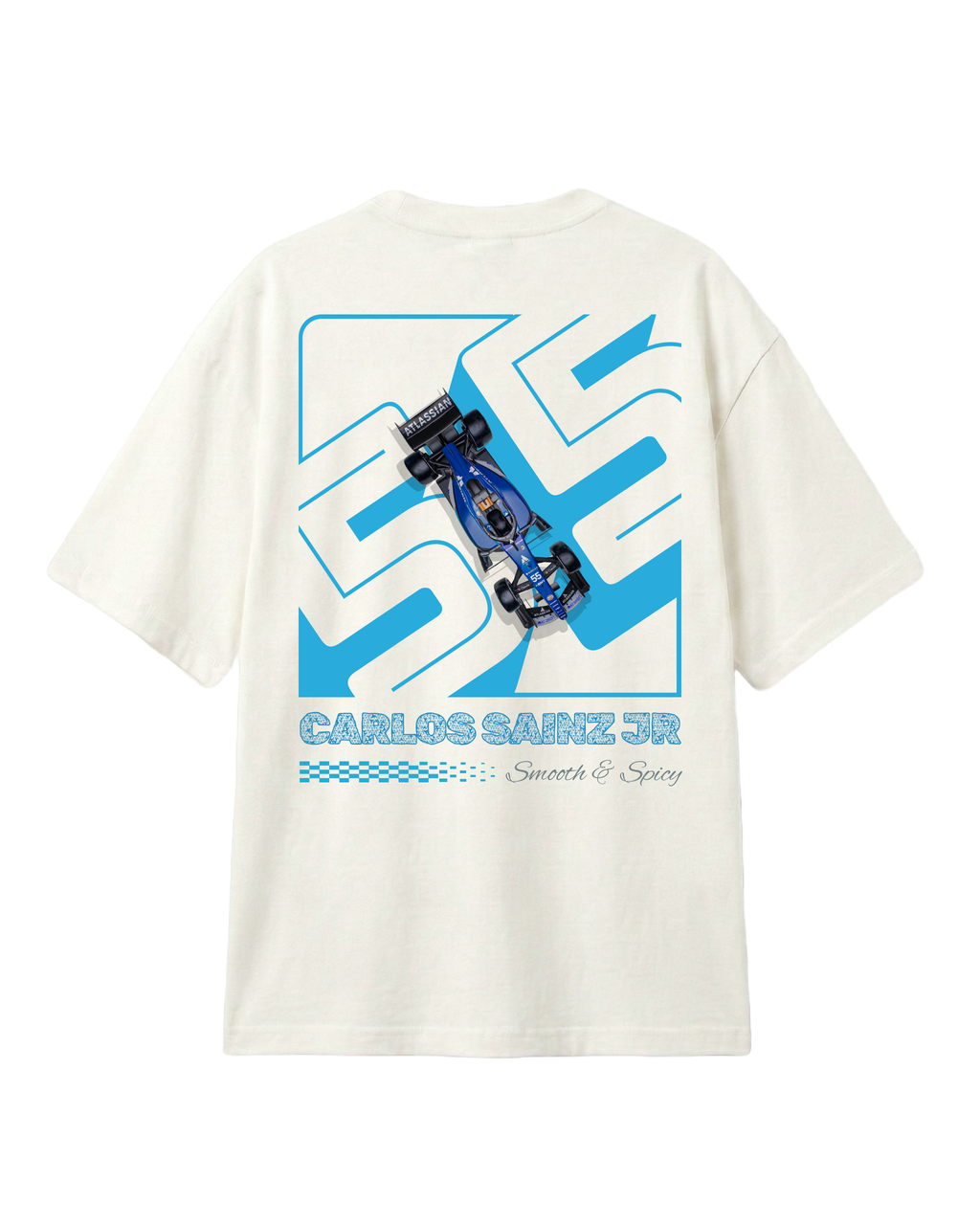 F1 Turn1 India Off White oversized unisex tshirt - fan graphic of Carlos Sainz Smooth Operator, Williams F1 raacing team driver and featuring his Car Number 55.