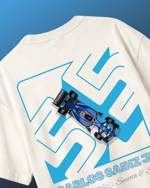 F1 Turn1 India Off White oversized unisex tshirt - fan graphic of Carlos Sainz Smooth Operator, Williams F1 raacing team driver and featuring his Car Number 55.