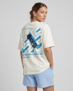 Female Model wearing F1 Turn1 India Off White  oversized unisex tshirt - fan graphic of Carlos Sainz Smooth Operator, Williams F1 raacing team driver and featuring his Car Number 55.
Front print featuring quote - Vamos Sainz