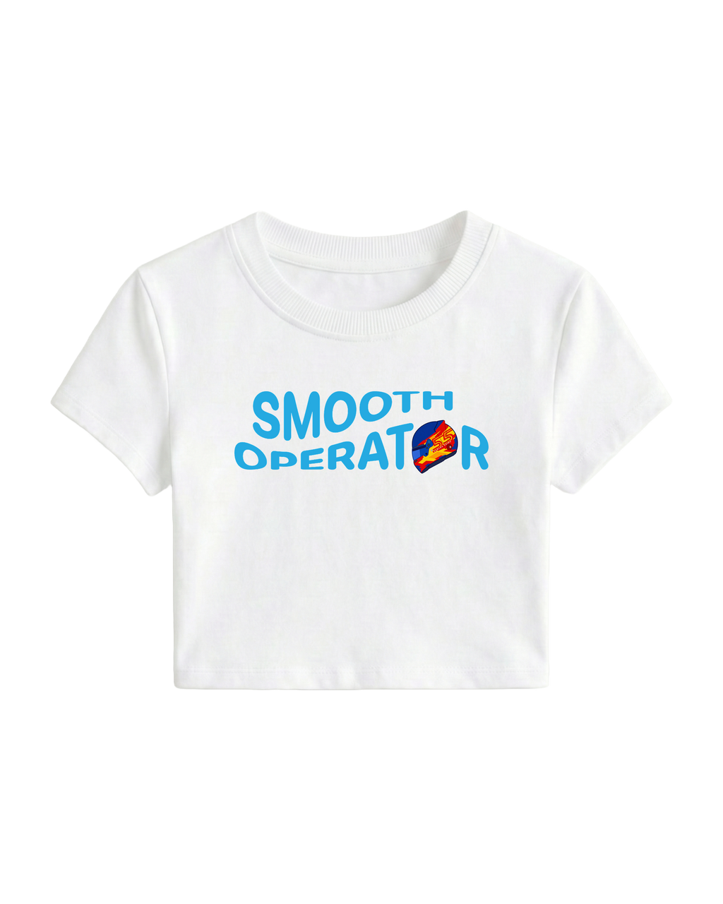 F1 Turn1 India White crop top with “SMOOTH OPERATOR” graphic on the front based on driver Carlos Sainz Jr - driver of Williams F1 Racing team