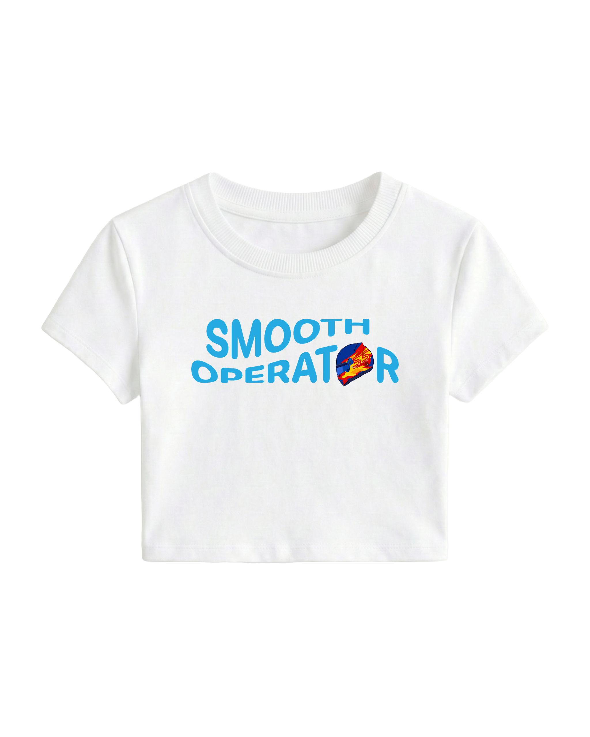 F1 Turn1 India White crop top with “SMOOTH OPERATOR” graphic on the front based on driver Carlos Sainz Jr - driver of Williams F1 Racing team