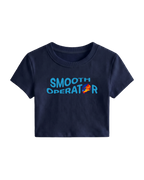 F1 Turn1 India Navy Blue crop top with “SMOOTH OPERATOR” graphic on the front based on driver Carlos Sainz Jr - driver of Williams F1 Racing team
