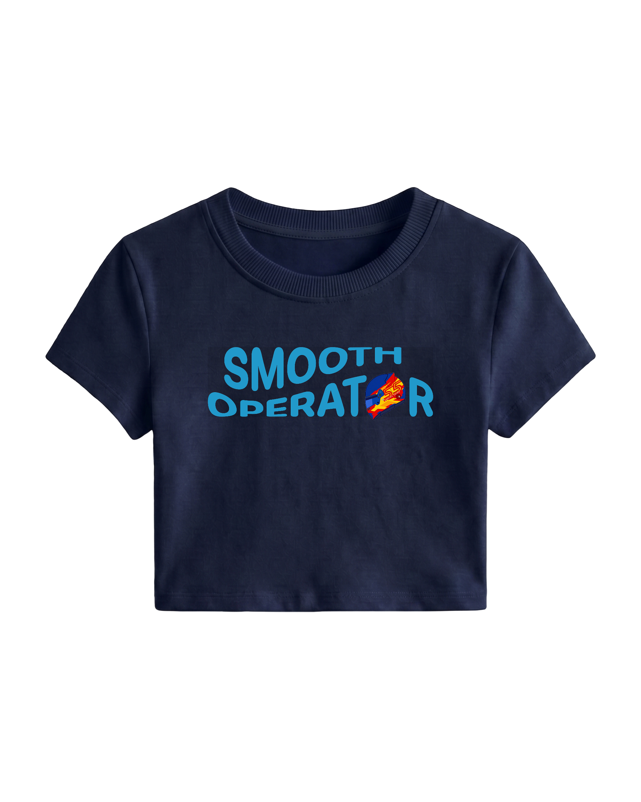 F1 Turn1 India Navy Blue crop top with “SMOOTH OPERATOR” graphic on the front based on driver Carlos Sainz Jr - driver of Williams F1 Racing team