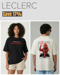 Oversized tee combo: black and off-white shirts with front text and back race-graphic