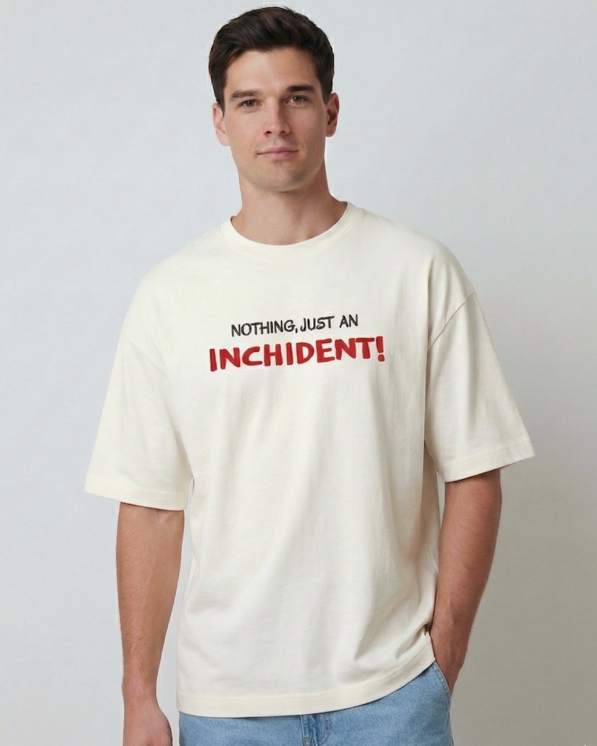 Male model wearing F1 Off White Unisex Oversized fit Tshirt by Turn 1 Brand, an F1 Apparel brand of India. Charles Leclerc fan tshirt with his quote "Nothing, Just an Inchident!" on front.