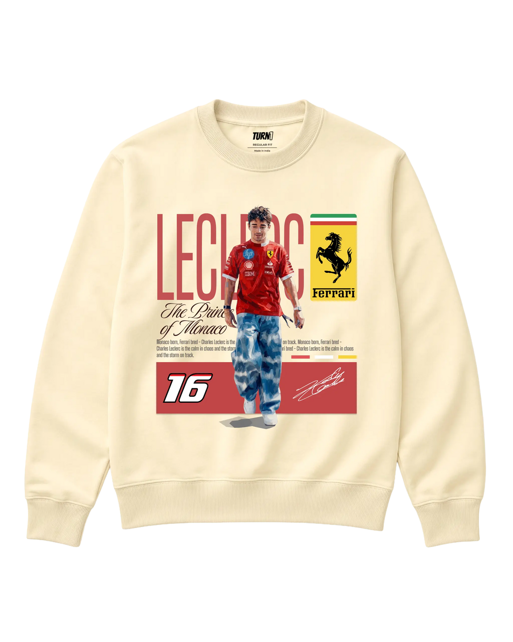 Charles Leclerc Scuderia Ferrari F1 Unisex Sweatshirt Cream Colour Front View 100% Cotton 320 GSM Fleece - Turn1 India