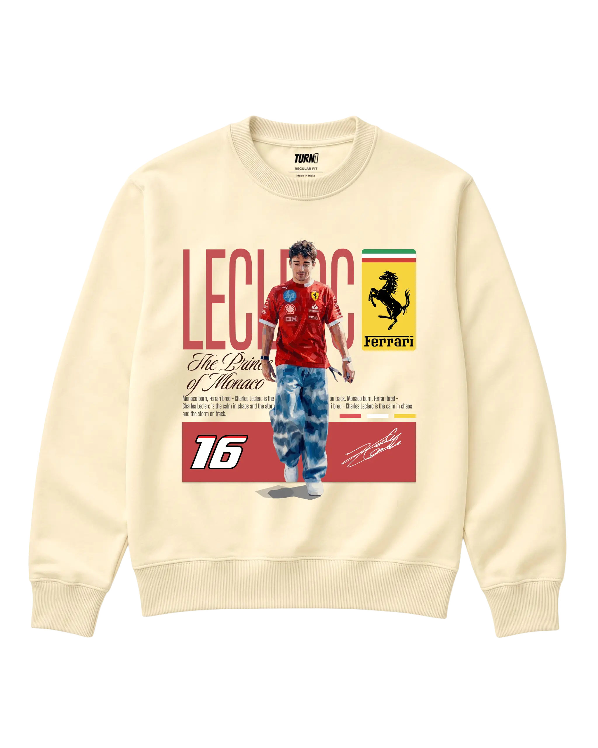 Charles Leclerc Scuderia Ferrari F1 Unisex Sweatshirt Cream Colour Front View 100% Cotton 320 GSM Fleece - Turn1 India