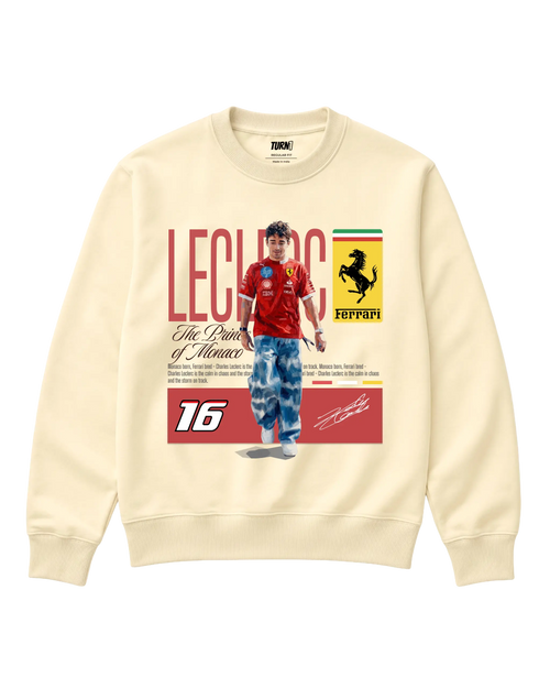 Charles Leclerc Scuderia Ferrari F1 Unisex Sweatshirt Cream Colour Front View 100% Cotton 320 GSM Fleece - Turn1 India