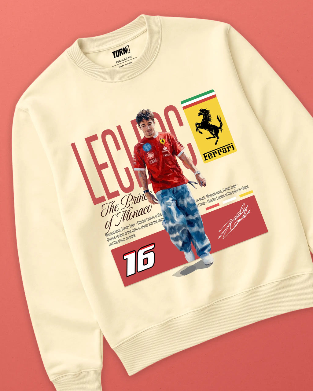 Charles Leclerc Scuderia Ferrari F1 Unisex Sweatshirt Cream Colour Front View 100% Cotton 320 GSM Fleece - Turn1 India