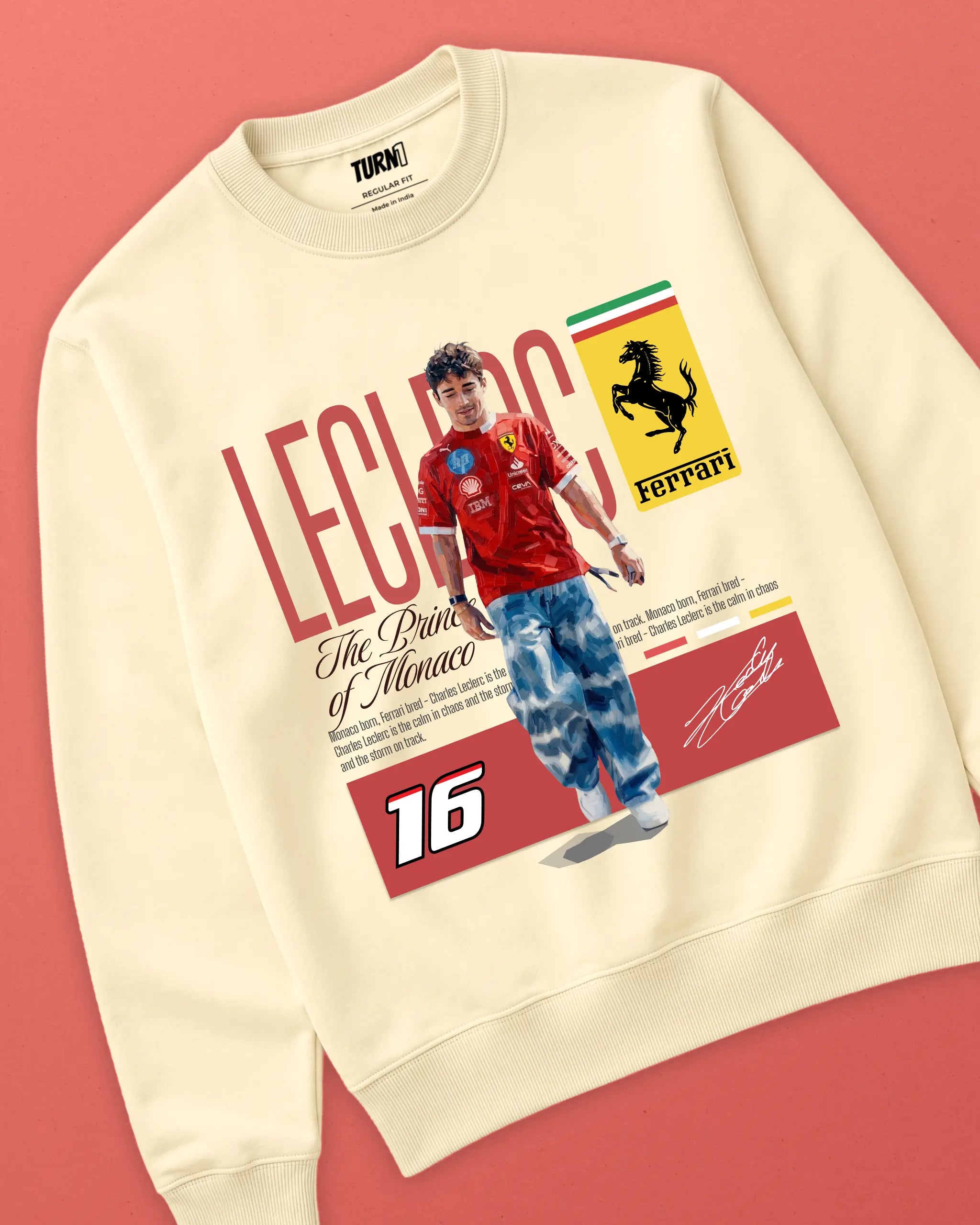 Charles Leclerc Scuderia Ferrari F1 Unisex Sweatshirt Cream Colour Front View 100% Cotton 320 GSM Fleece - Turn1 India