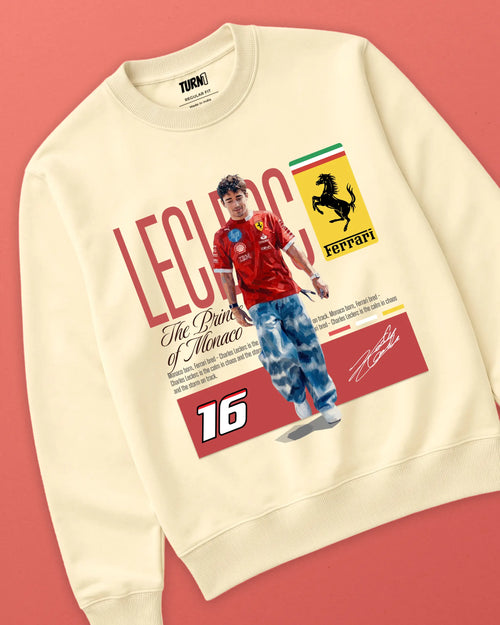 Charles Leclerc Scuderia Ferrari F1 Unisex Sweatshirt Cream Colour Front View 100% Cotton 320 GSM Fleece - Turn1 India